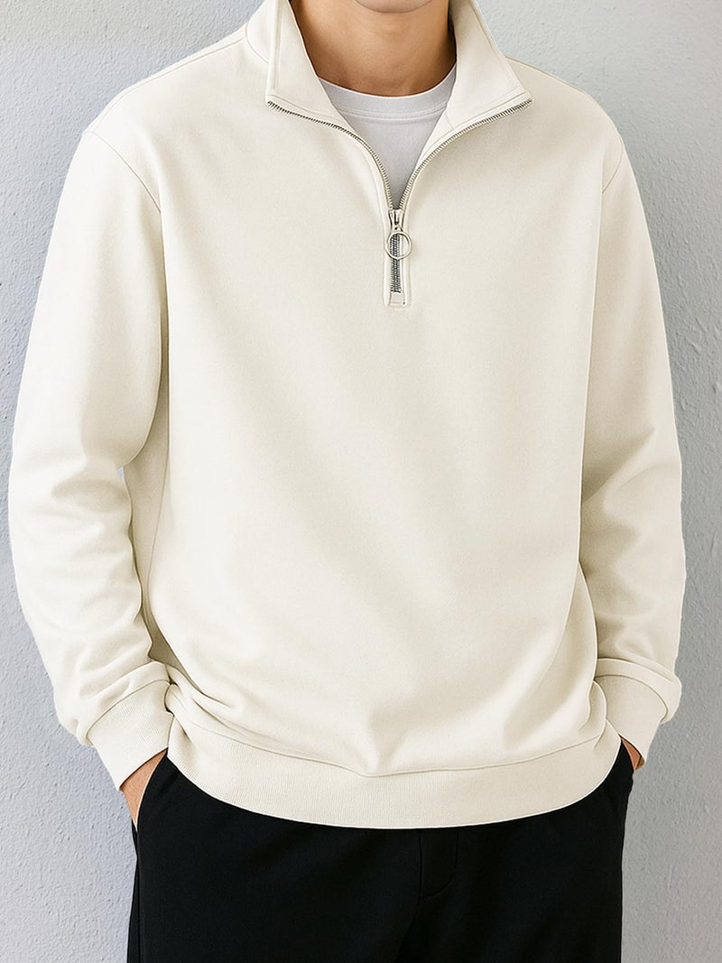 Jump Cuts Mens Solid Henley Neck Full Sleeve Cream Half Zipper LoopKnit Sweatshirt - Image 2