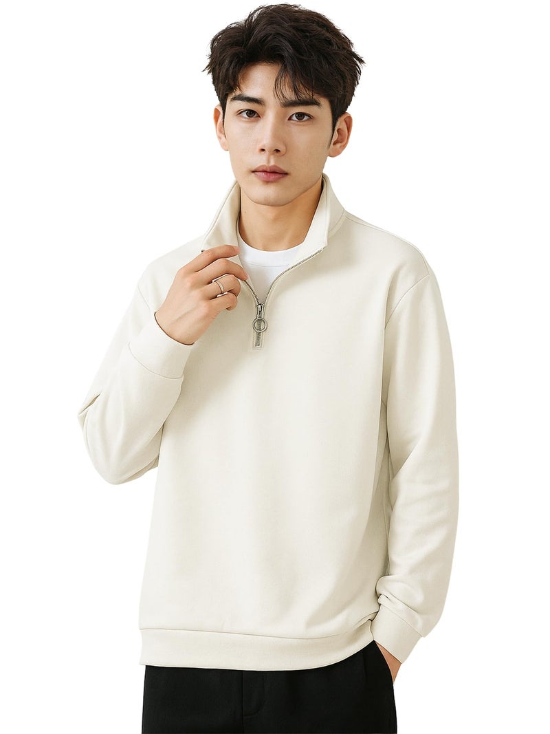 Jump Cuts Mens Solid Henley Neck Full Sleeve Cream Half Zipper LoopKnit Sweatshirt - Image 1