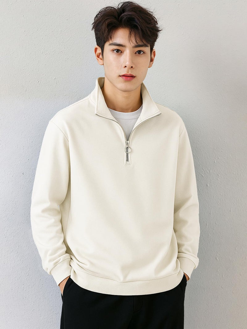 Jump Cuts Mens Solid Henley Neck Full Sleeve Cream Half Zipper LoopKnit Sweatshirt - Image 3