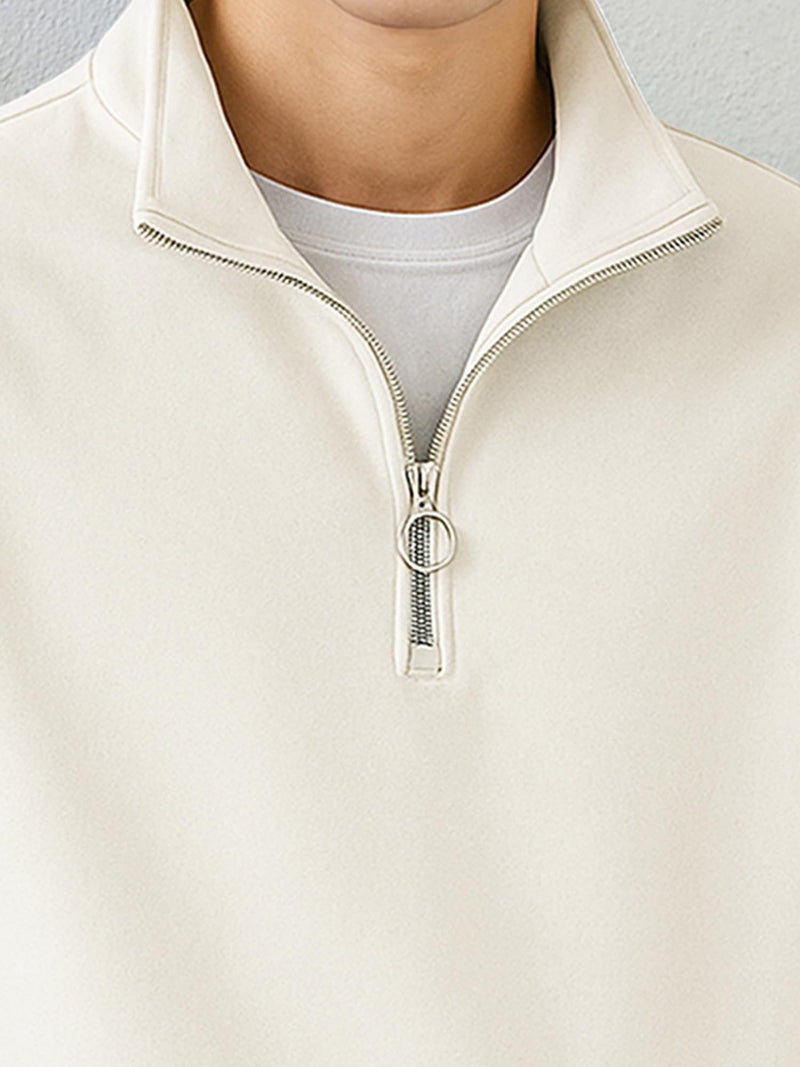 Jump Cuts Mens Solid Henley Neck Full Sleeve Cream Half Zipper LoopKnit Sweatshirt - Image 5