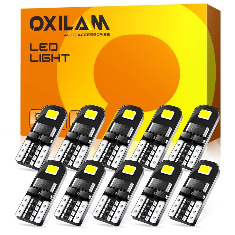 مصابيح LED OXILAM 194 المستخدمة على نطاق واسع كإضاءة داخلية للسيارة والشاحنة، إضاءة خريطة، إضاءة باب، إضاءة مجاملة، إضاءة لوحة الترخيص 6000K بيضاء مع شرائح طاقة عالية لاستبدال مصابيح LED T10 168 2825، 10 قطع