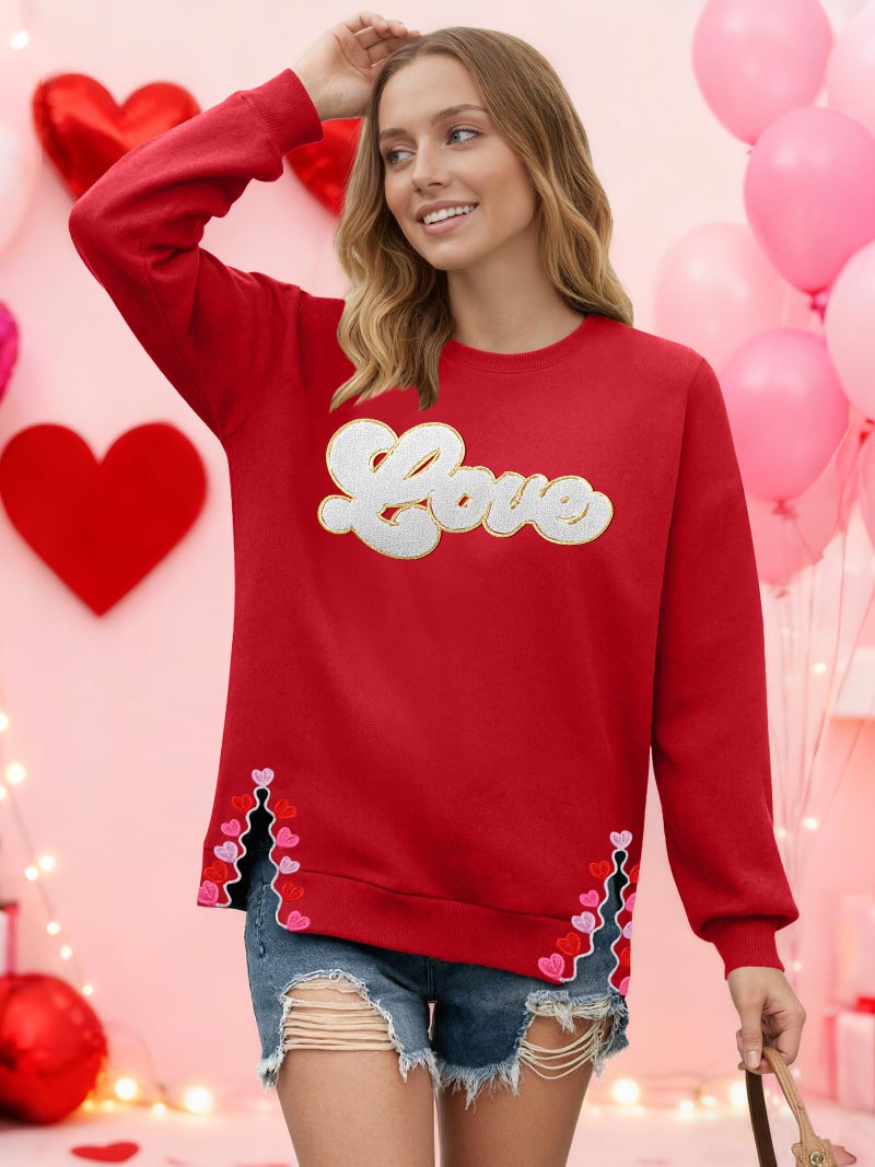 PECHAR Valentine Sweatshirts Women Love Valentines Shirts Embroidered Crewneck Long Sleeve Tops With Side Heart Applique - Image 3