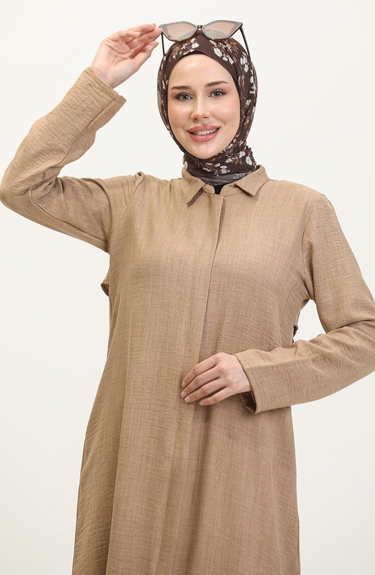 Sefa Merve Shirt Collar Abaya 24019-02 Mink  - Image 3