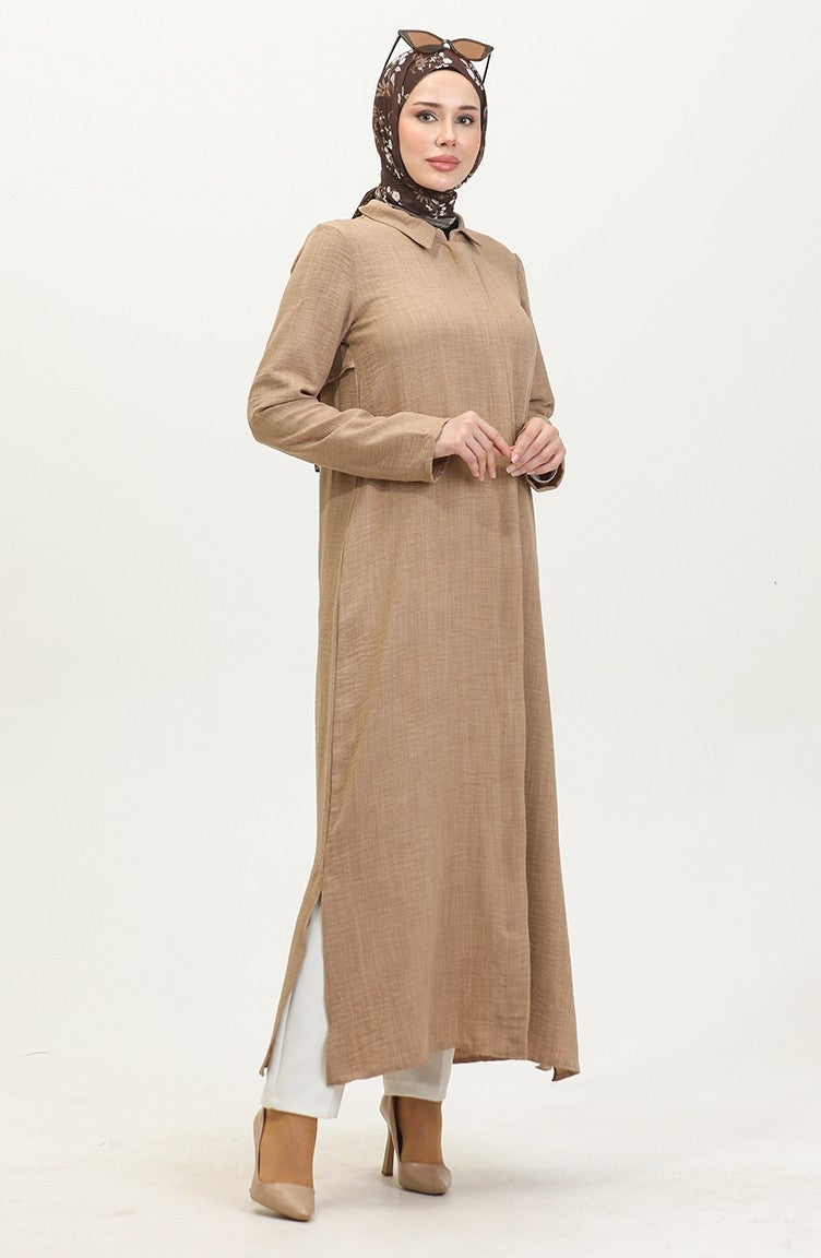 Sefa Merve Shirt Collar Abaya 24019-02 Mink  - Image 1