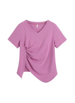 Summer Chubby Girls Plus Size Women's Clothing Niche Design Sense V-neck Short-sleeved Top Shrink Slimming Irregular T-shirt 62370