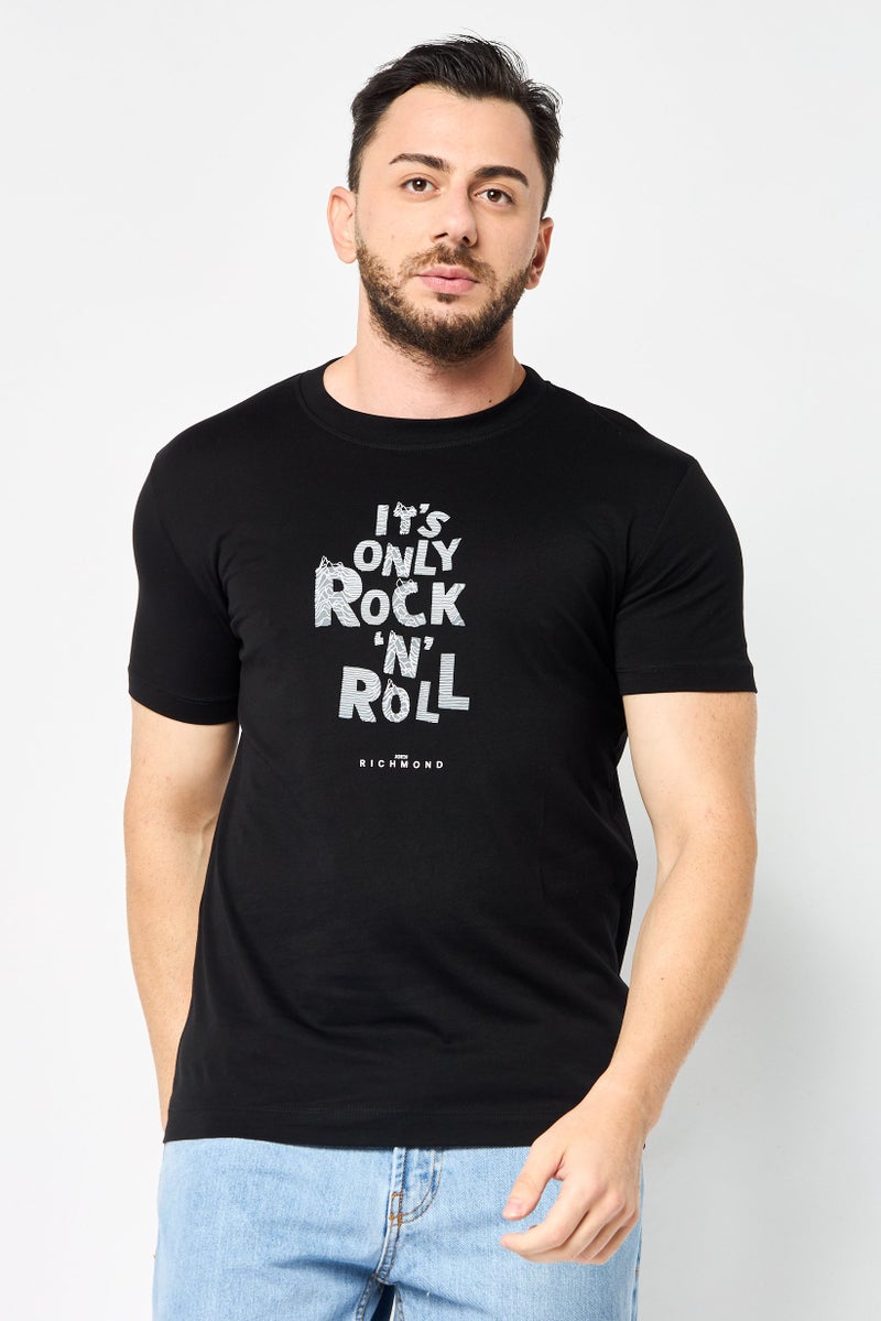 JOHN RICHMOND Men Crew Neck Short Sleeve Graphic T Shirt, Black  - Image 1