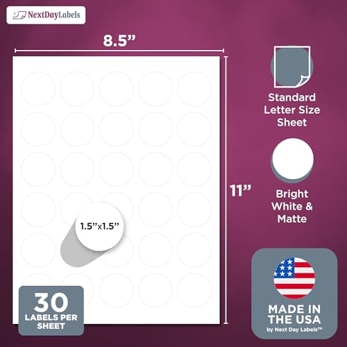 NextDayLabels 1.5 Inch Round Label Matte White, Blank Laser/Inkjet Printer Label Circle Sticker (750 Labels, 25 Sheets of 30) - Image 2