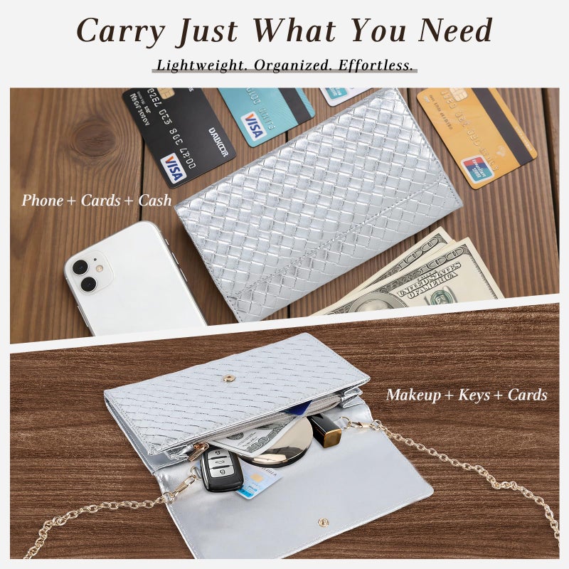 U+U Crossbody Bags for Women, Small Leather Bag with Removable Chain, Card Slots & Phone Pocket - Lightweight Purse Wallet (Silver) - Image 4