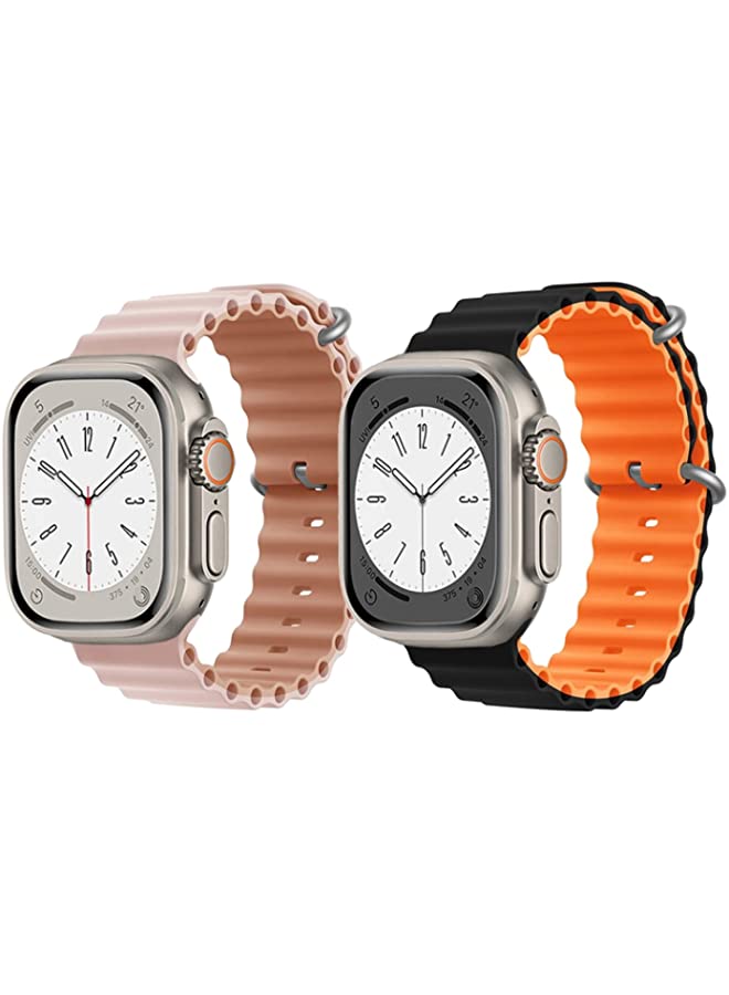 vesus Silicone Ocean Band Strap for Apple Watch Ultra 8 49mm Pink/Beige Double Side Strap with Black/Orange Double Side Strap Set of 2