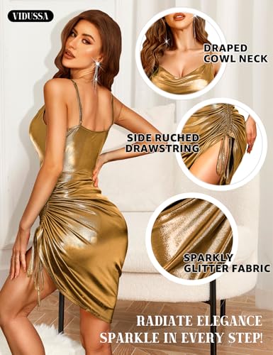 VIDUSSA Women's Sparkly Glitter Dress Cowl Neck Spaghetti Strap Ruched Bodycon Cocktail Party Night Club Midi Dresses Pure Gold M - Image 4