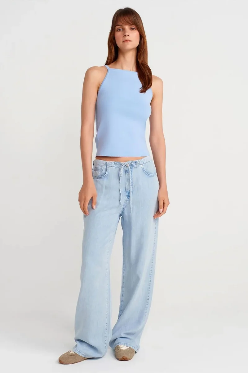 Dilvin Baby Blue DILVIN Slim Fit Halter Knit Blouse With Bow Detail for Women | Best Price UAE