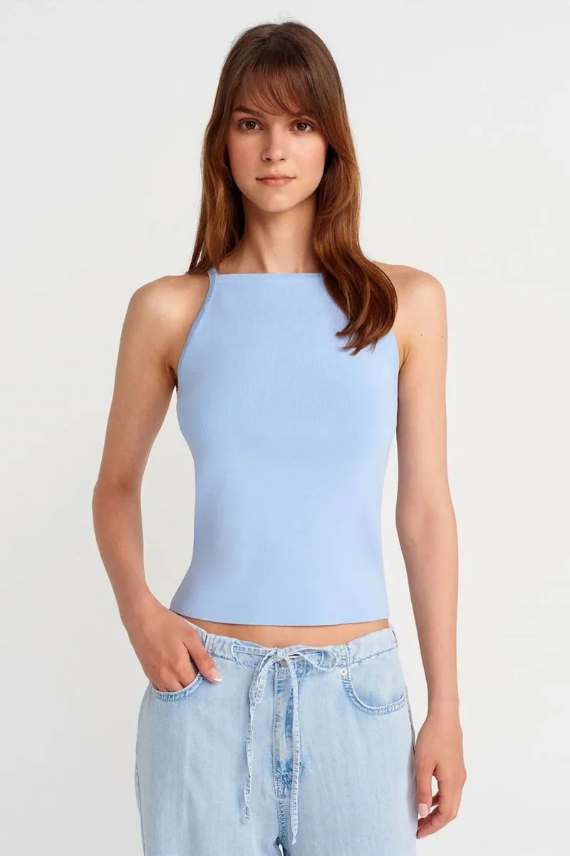 DILVIN Slim Fit Halter Knit Blouse With Bow Detail
