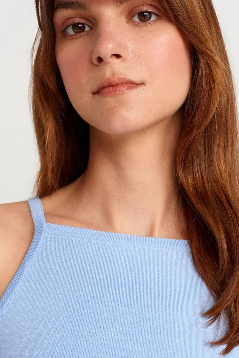 Dilvin Baby Blue DILVIN Slim Fit Halter Knit Blouse With Bow Detail for Women | Best Price UAE