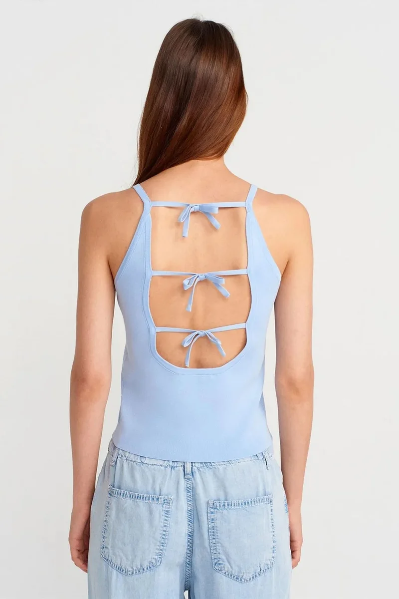 Dilvin Baby Blue DILVIN Slim Fit Halter Knit Blouse With Bow Detail for Women | Best Price UAE