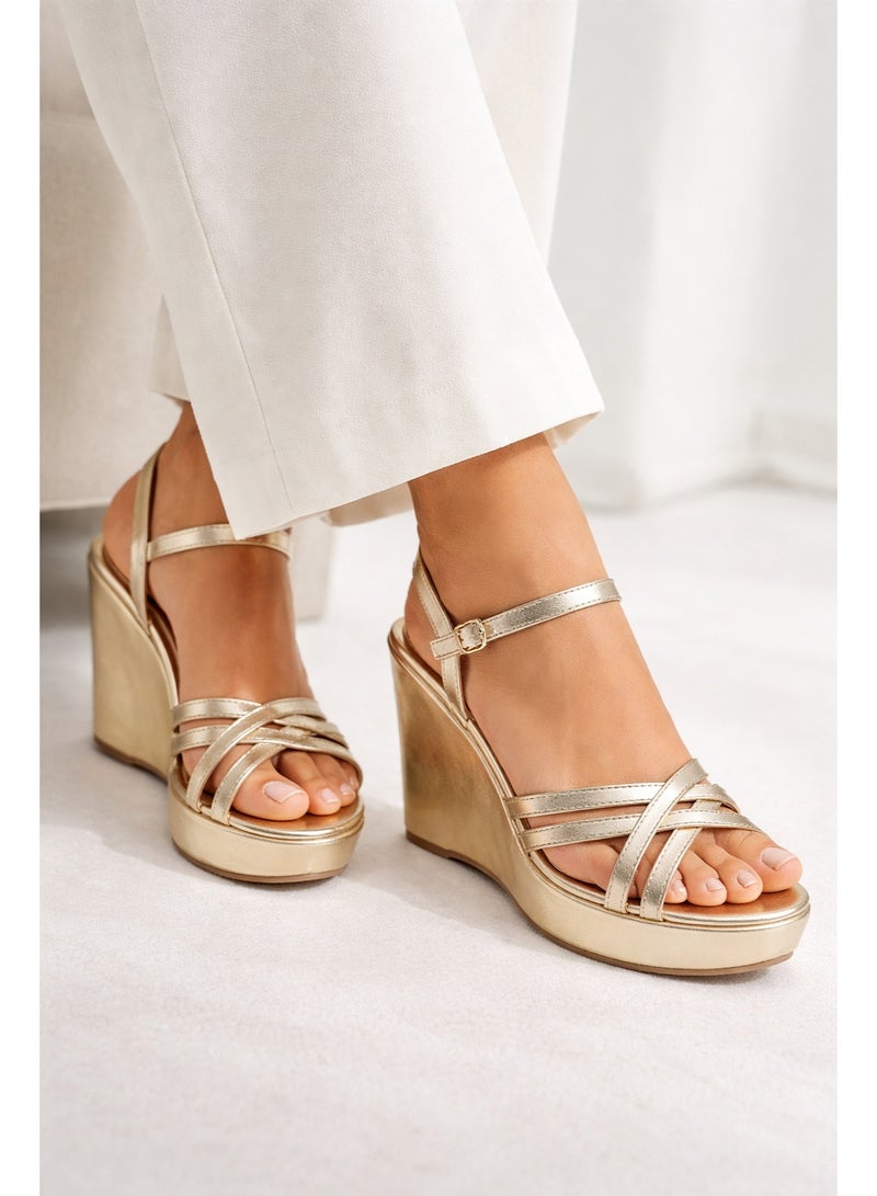 LIFESTYLISH Sandal Wedge Leather With Straps W-12 - Gold - Image 4