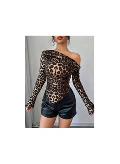 SHEIN Privé Women Asymmetrical Neck Long Sleeve Leopard Print Pleated Casual T-Shirt, Leopard Print Asymmetric Hem T-Shirt, Back To School T-Shirt - pzsku/Z820C4732AAB11BFBF225Z/45/_/1739688396/27ea3e18-afa0-4219-aed5-9ea1214dc1eb