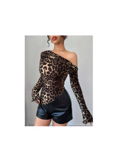 SHEIN Privé Women Asymmetrical Neck Long Sleeve Leopard Print Pleated Casual T-Shirt, Leopard Print Asymmetric Hem T-Shirt, Back To School T-Shirt - pzsku/Z820C4732AAB11BFBF225Z/45/_/1739688416/78d30961-fa44-416d-b142-2c56c2c3dbf1