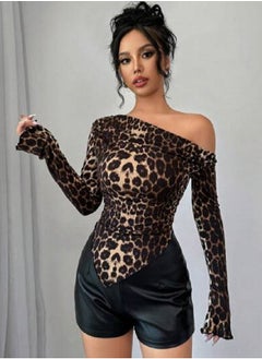 SHEIN Privé Women Asymmetrical Neck Long Sleeve Leopard Print Pleated Casual T-Shirt, Leopard Print Asymmetric Hem T-Shirt, Back To School T-Shirt - pzsku/Z820C4732AAB11BFBF225Z/45/_/1740379172/ee601364-d6b9-46df-96ab-9a9d26cdddea