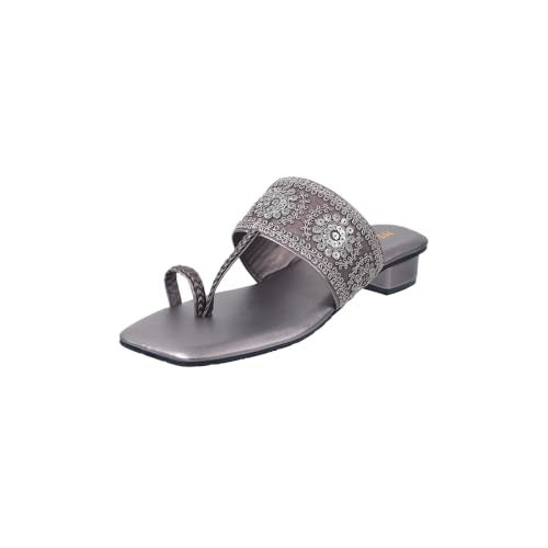 Metro Women Gun Metal Embellished Ethnic Kolhapuri Block Heel Slip-on Sandal UK/7 EU/40 (35-1294) - Image 1