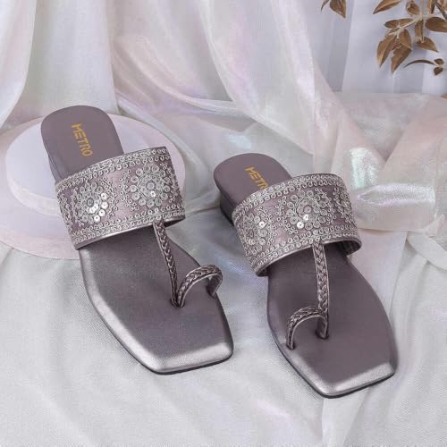 Metro Women Gun Metal Embellished Ethnic Kolhapuri Block Heel Slip-on Sandal UK/7 EU/40 (35-1294) - Image 2