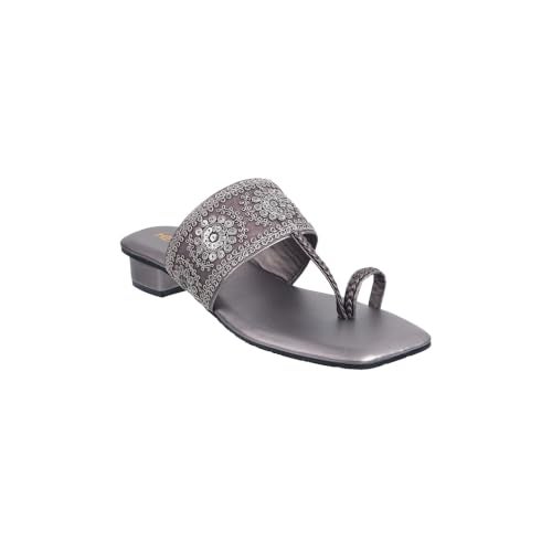 Metro Women Gun Metal Embellished Ethnic Kolhapuri Block Heel Slip-on Sandal UK/7 EU/40 (35-1294) - Image 3