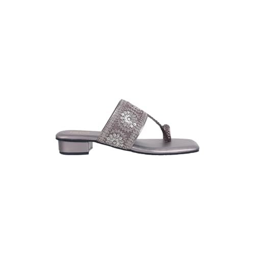 Metro Women Gun Metal Embellished Ethnic Kolhapuri Block Heel Slip-on Sandal UK/7 EU/40 (35-1294) - Image 4