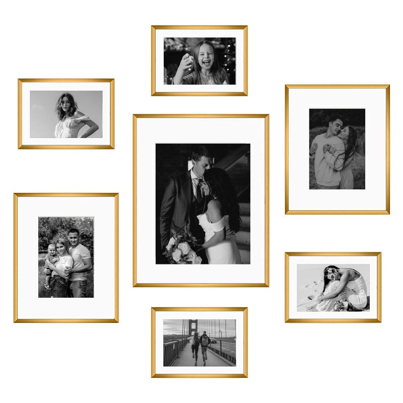 Frametory Bronze Aluminum Picture Frame with Removable Mat Set of 7 Includes Four 5x7 Two 8x10 One 11x14 Real Glass Front Simple Gallery Wall Frames for Art Prints and Posters