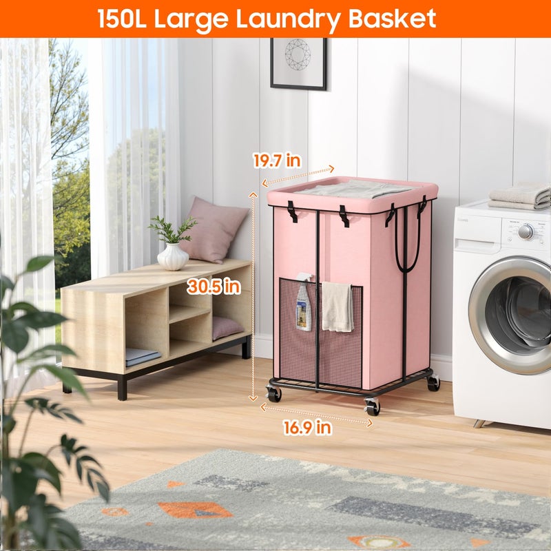 Olldide 150L Laundry Hamper with Wheels, Rolling Laundry Basket with Metal Frame and Removable Bag, Large & Tall Dirty Clothes Hampers for Bedroom Aesthetic, Laundry Room, Bathroom, Dorm-Pink - Image 2
