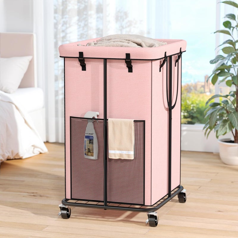 Olldide 150L Laundry Hamper with Wheels, Rolling Laundry Basket with Metal Frame and Removable Bag, Large & Tall Dirty Clothes Hampers for Bedroom Aesthetic, Laundry Room, Bathroom, Dorm-Pink - Image 1