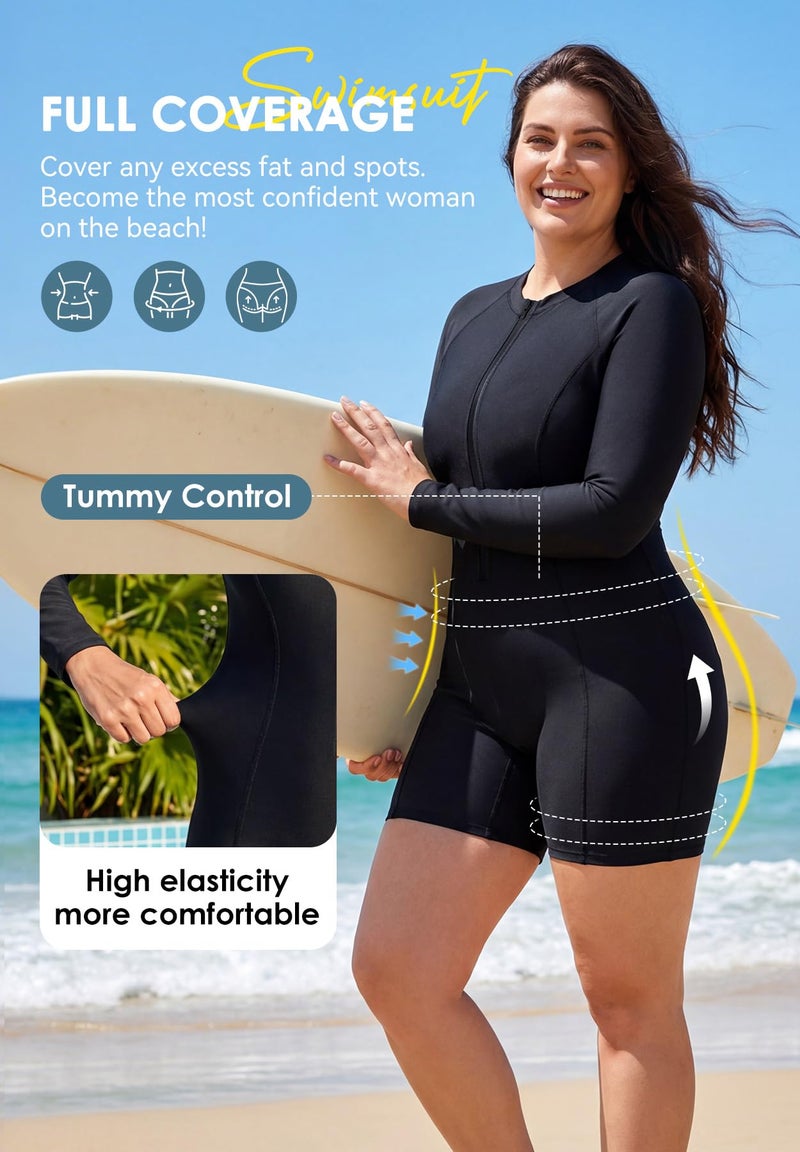 Zando UPF 50+ Womens Rash Guard Long Sleeve Swimsuit - Black One Piece Full Body Bathing Suit with Front Zipper, Boyleg Design Women's Swimwear for Surfing Snorkeling Beach Vacation Swimming Medium - Image 5