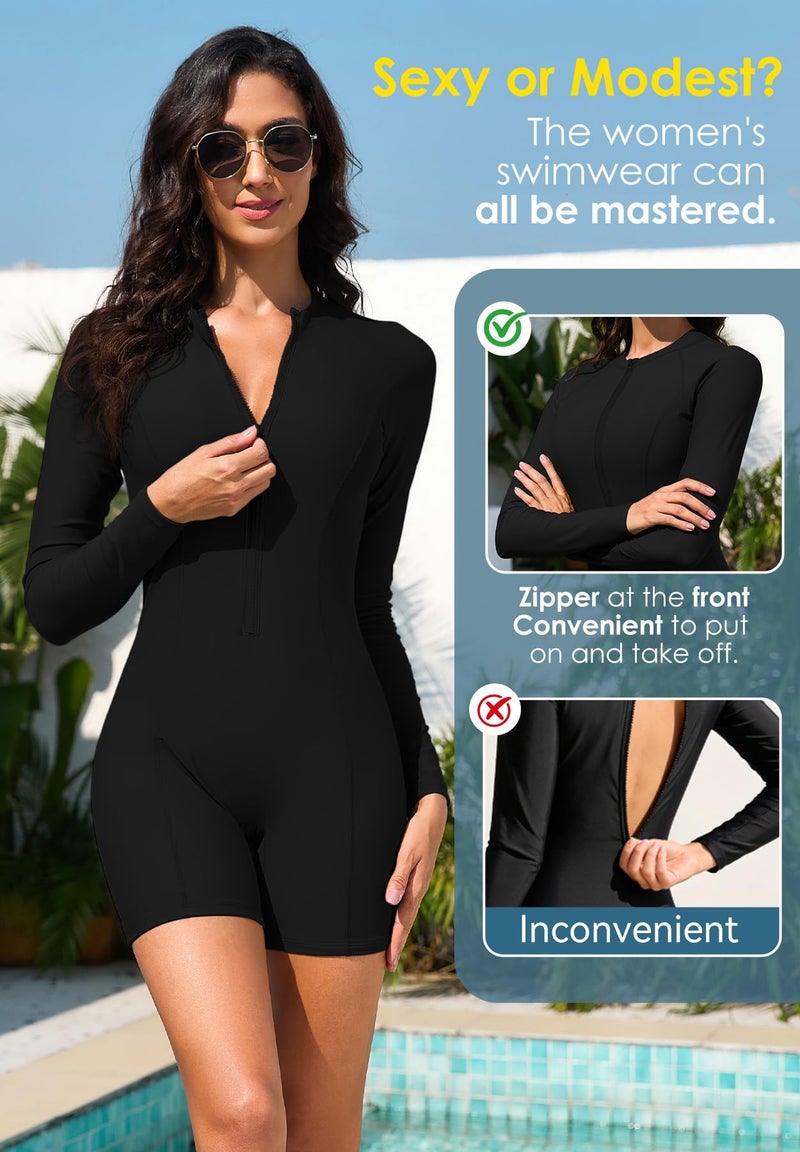 Zando UPF 50+ Womens Rash Guard Long Sleeve Swimsuit - Black One Piece Full Body Bathing Suit with Front Zipper, Boyleg Design Women's Swimwear for Surfing Snorkeling Beach Vacation Swimming Medium - Image 4