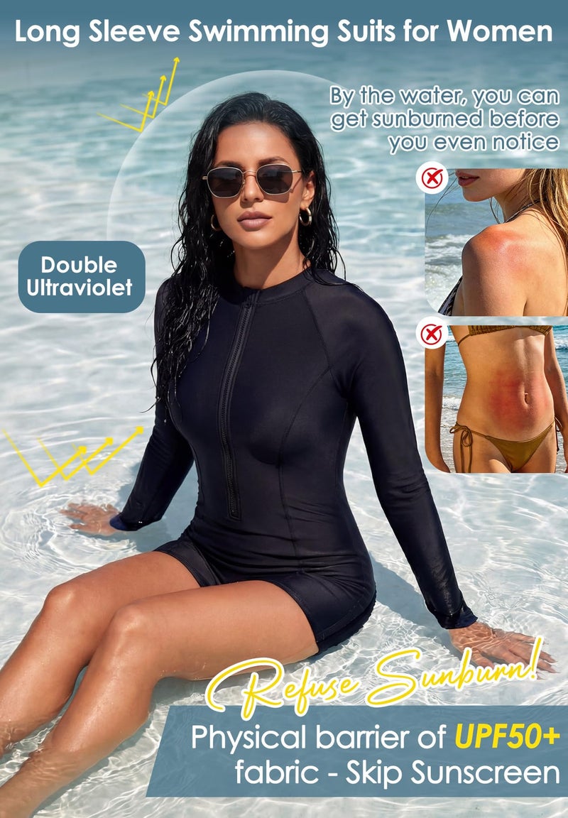 Zando UPF 50+ Womens Rash Guard Long Sleeve Swimsuit - Black One Piece Full Body Bathing Suit with Front Zipper, Boyleg Design Women's Swimwear for Surfing Snorkeling Beach Vacation Swimming Medium - Image 3