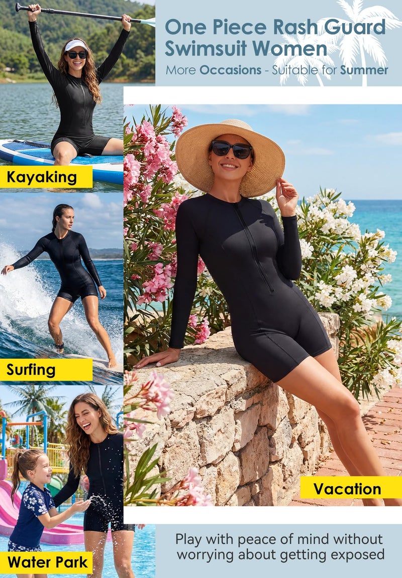 Zando UPF 50+ Womens Rash Guard Long Sleeve Swimsuit - Black One Piece Full Body Bathing Suit with Front Zipper, Boyleg Design Women's Swimwear for Surfing Snorkeling Beach Vacation Swimming Medium - Image 2