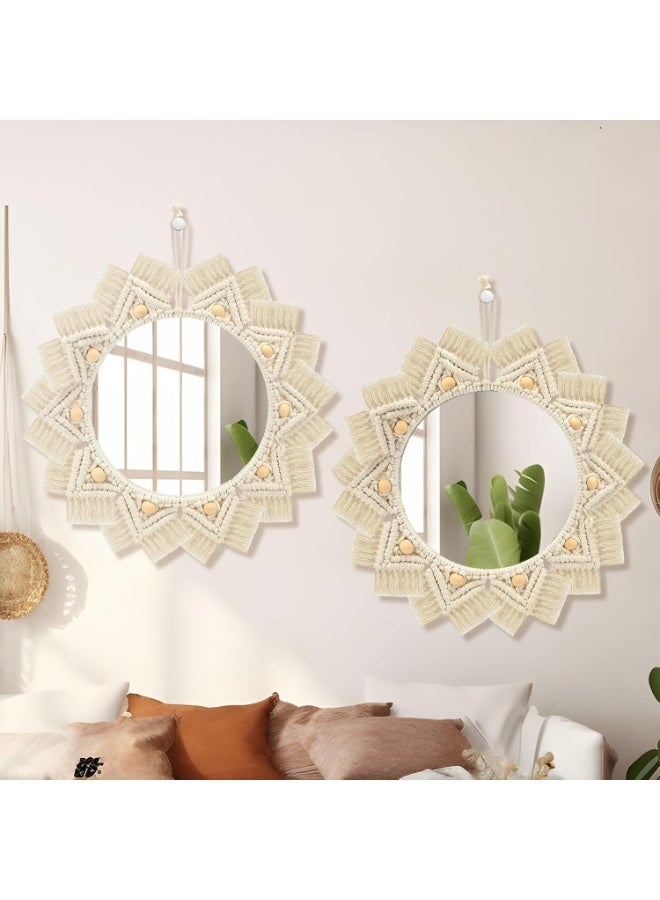Boho Macrame Wall Decor Mirror, 16 Inch Circle Hanging Mirror with Handmade Design, Decorative Acrylic Mirrors for Bedroom Nursery Living Room, 2 Pack - Image 1