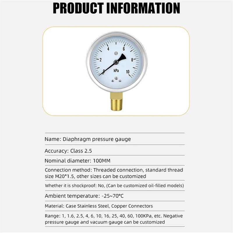 100mm -100-100KPa Accuracy 1.6% Capsule Style Low Pressure Gauge for Air Water Oil Gas Measurement - Image 5