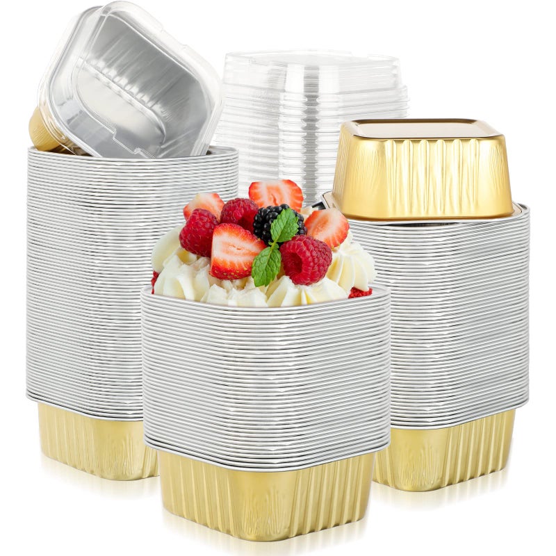 200 قطعة أكواب خبز من الألمنيوم القابل للتصرف سعة 5 أونصات مع أغطية 150 مل حاويات كعك صغيرة