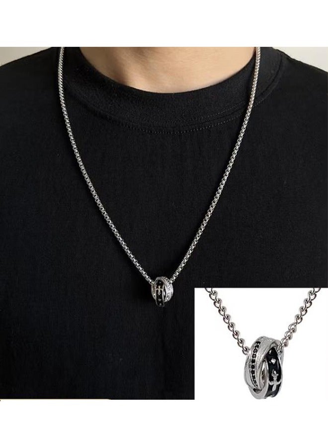 Titanium Steel Black & White Double Ring Necklace For Men, Unique Design Streetwear Neck Chain, High-end Luxury Pendant For Gentlemen - Image 1