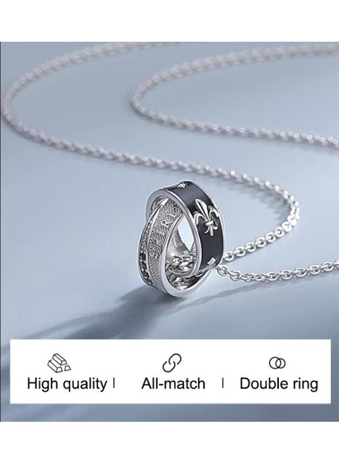 Titanium Steel Black & White Double Ring Necklace For Men, Unique Design Streetwear Neck Chain, High-end Luxury Pendant For Gentlemen - Image 3
