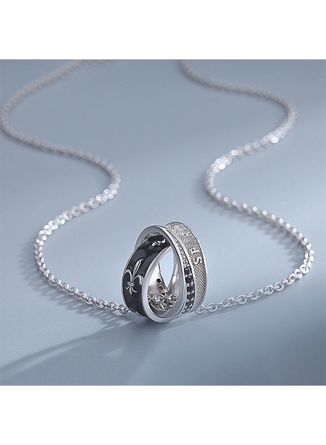 Titanium Steel Black & White Double Ring Necklace For Men, Unique Design Streetwear Neck Chain, High-end Luxury Pendant For Gentlemen - Image 4