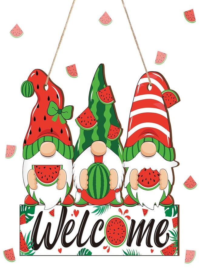 Panelee Summer Welcome Sign Wooden Watermelon Gnome Hanging Sign Holiday Door Sign with Ropes Hanging Decoration with Watermelon for Summer Front Door Porch Farmhouse Outdoor Home Decor (Watermelon Gnome) - Image 1