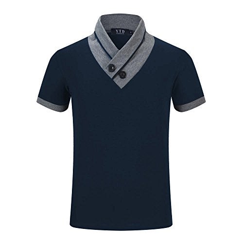 YTD Mens Cotton Casual V-Neck Button Slim Muscle Tops Tee Short Sleeve T-Shirts Large Navy - Image 3