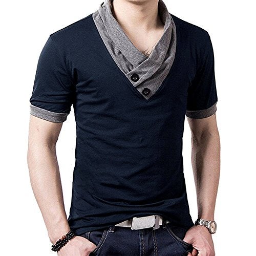 YTD Mens Cotton Casual V-Neck Button Slim Muscle Tops Tee Short Sleeve T-Shirts Large Navy - Image 2