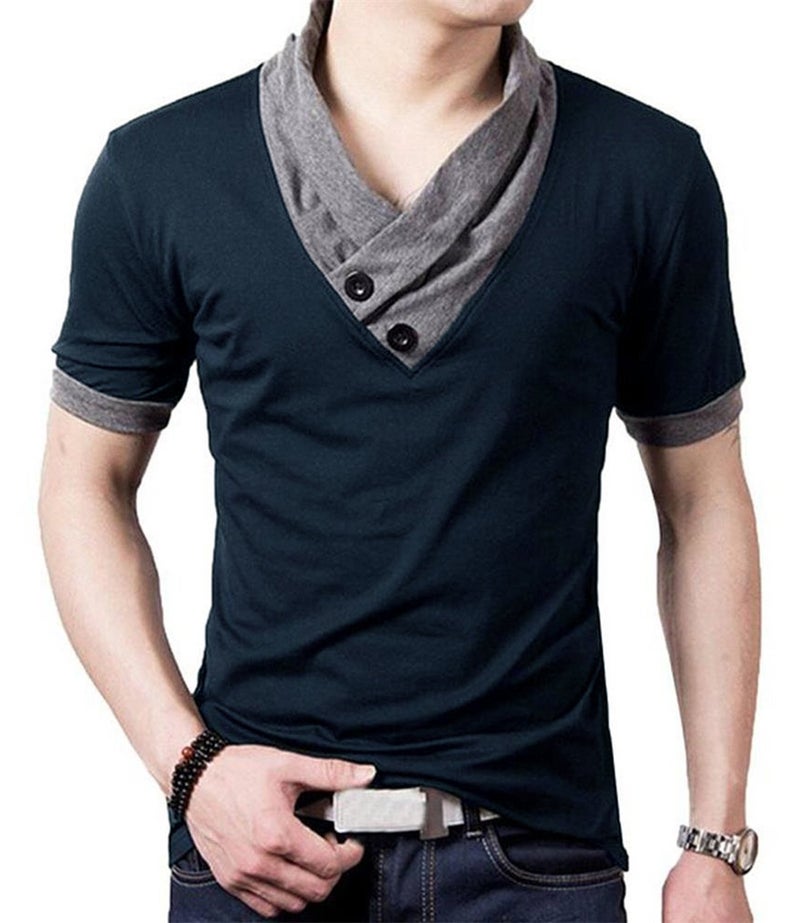 YTD Mens Cotton Casual V-Neck Button Slim Muscle Tops Tee Short Sleeve T-Shirts Large Navy - Image 1