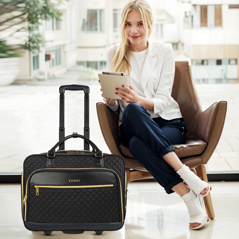 Ytonet Rolling Briefcase for Women, 17.3 Inch Rolling Laptop Bag with Lock, Water Rresistant Wheeled Computer Bag with Insulated Pocket, Roller Bags for Work Travel Overnight Teacher, Black - Image 2