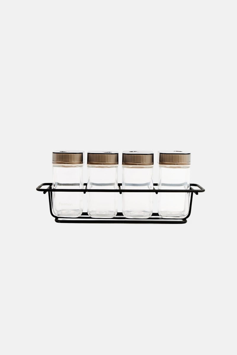 Fissman 5 Pieces Glass Condiment And Rack Set, Transparent - Image 1