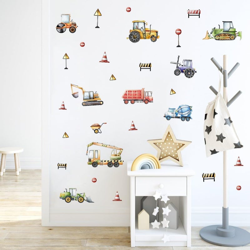 YIMEHDAN Watercolor Truck Wall Decal, Cartoon Construction Tractor Excavator Crane Vinyl Wall Stickers, Engineering Vehicle Car Artwork for Boys Bedroom Playroom Decor - Image 3