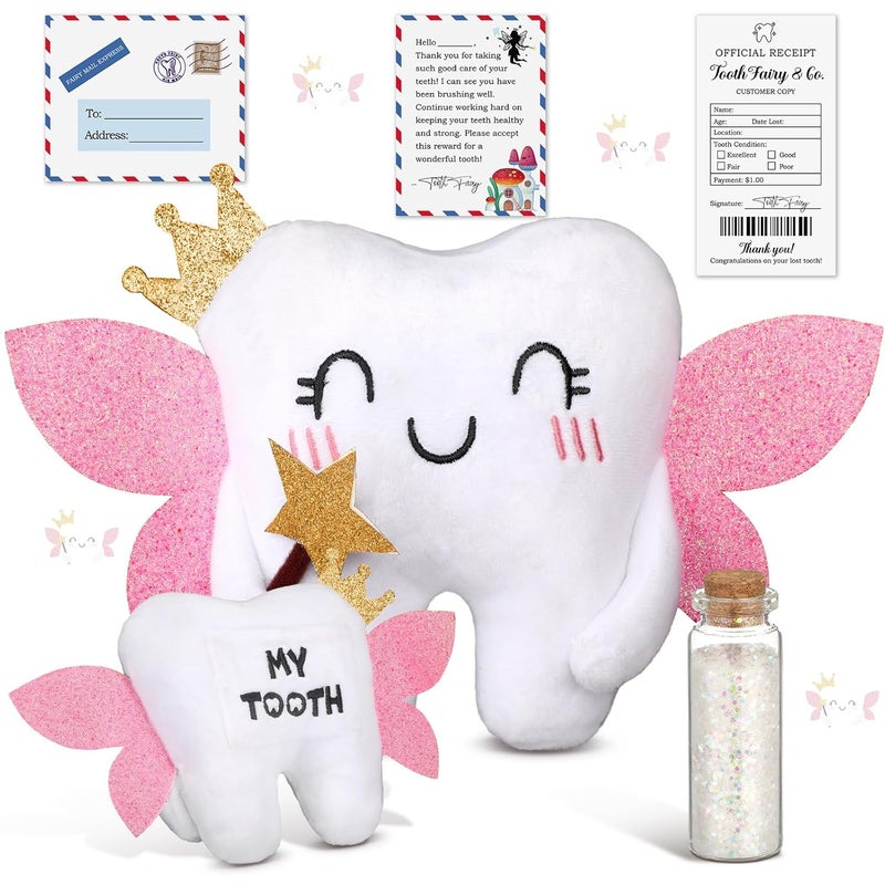 Threehoney Tooth Fairy Pillow Kit Includes Toothfairy Pillow with Pocket Fairy Glitter Receipt Envelope Card Toothfairy Plush Keepsake Gift for Kids Boys Girls Souvenir Cute Style - Image 1