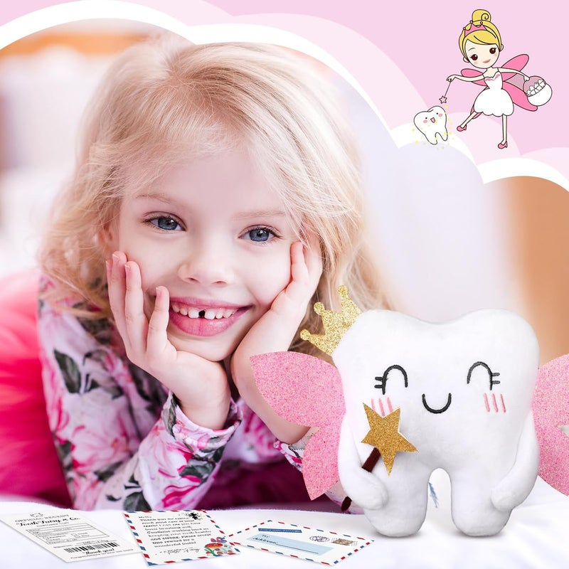 Threehoney Tooth Fairy Pillow Kit Includes Toothfairy Pillow with Pocket Fairy Glitter Receipt Envelope Card Toothfairy Plush Keepsake Gift for Kids Boys Girls Souvenir Cute Style - Image 4