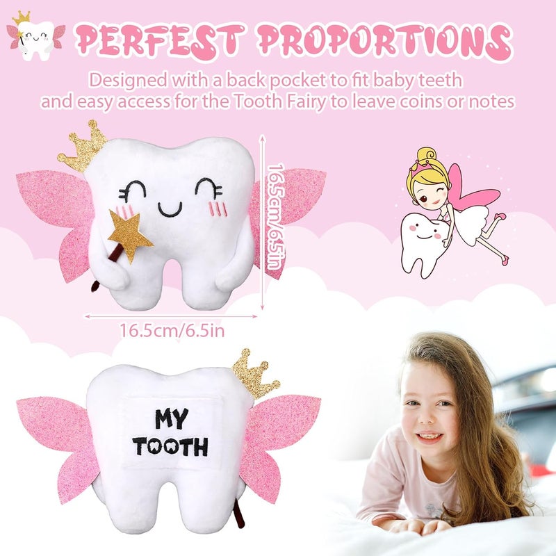 Threehoney Tooth Fairy Pillow Kit Includes Toothfairy Pillow with Pocket Fairy Glitter Receipt Envelope Card Toothfairy Plush Keepsake Gift for Kids Boys Girls Souvenir Cute Style - Image 2