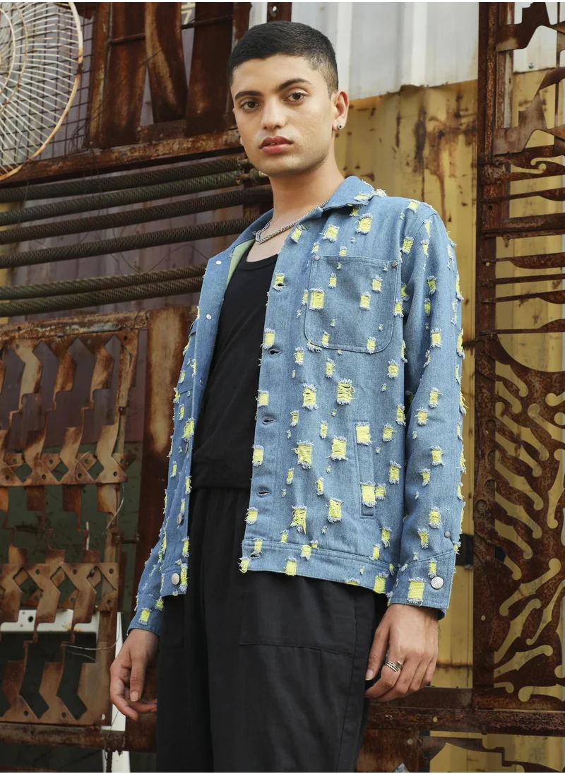 Campus Sutra Men's Blue Heavy Distressed Denim Jacket